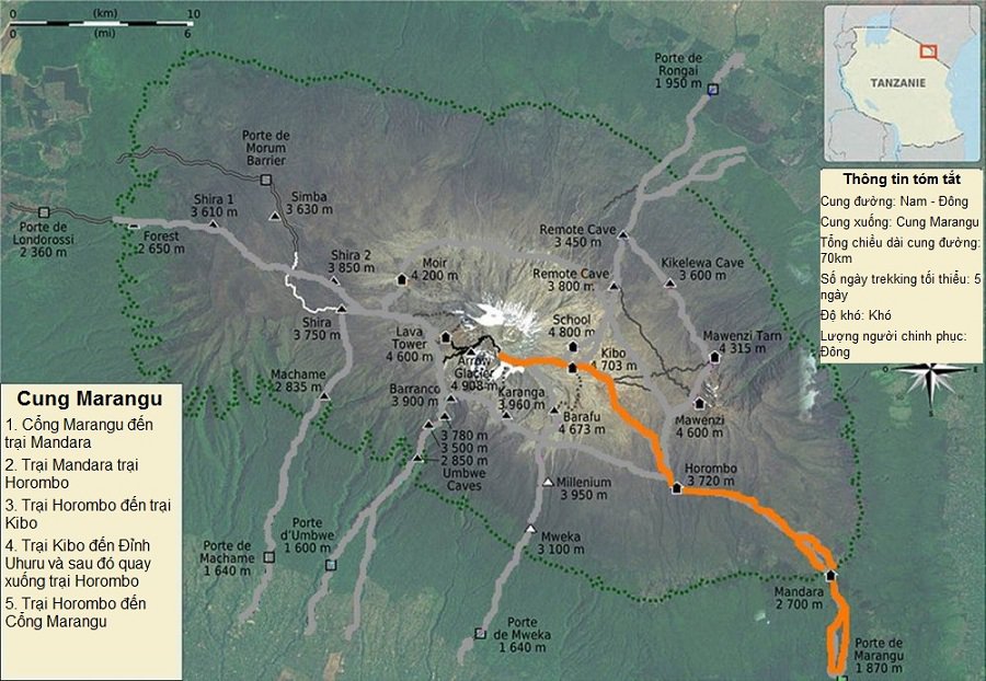Sơ đồ tóm tắt cung đường Marangu chinh phục đỉnh Kilimanjaro - Tanzania - tour du lịch Châu Phi giá rẻ